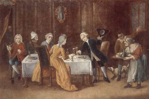 unknow artist An elegant interior with a lady and gentleman toasting,other figures drinking and smoking at the table Germany oil painting art